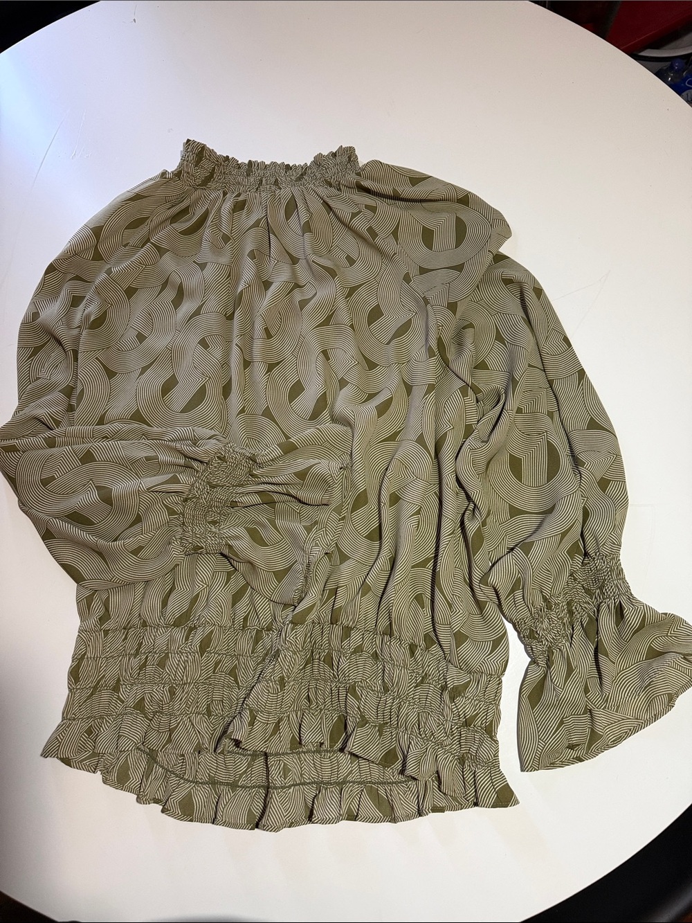 Worthington Olive Green Geometric Smocked-Waist Blouse - Picture 1 of 5